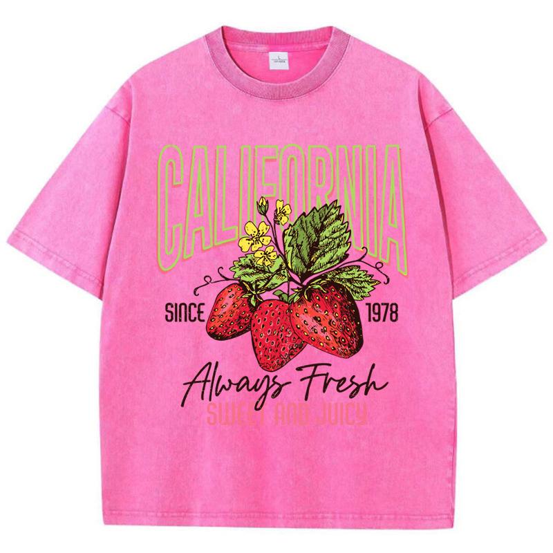Womans Cotton Washed T-Shirts All-Math O-Neck Distressed Short Sleeve California Strawberries Print Tops Summer Female Clothes