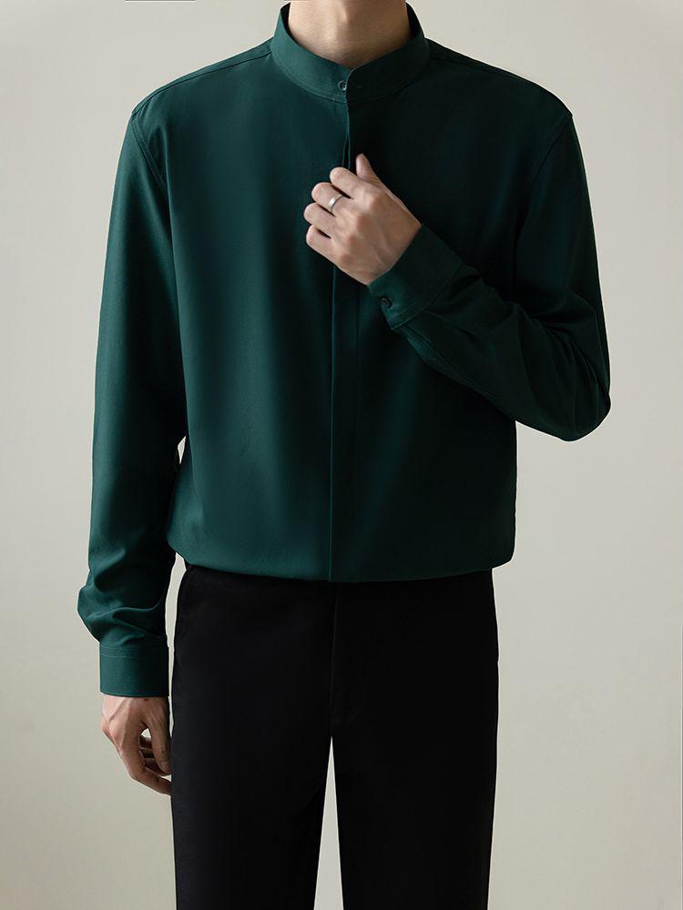 Мужская осенняя легкая рубашка с длинным рукавом из нежелезного шелка Ice Silk, облегающая, без железа - тренд в корейском стиле