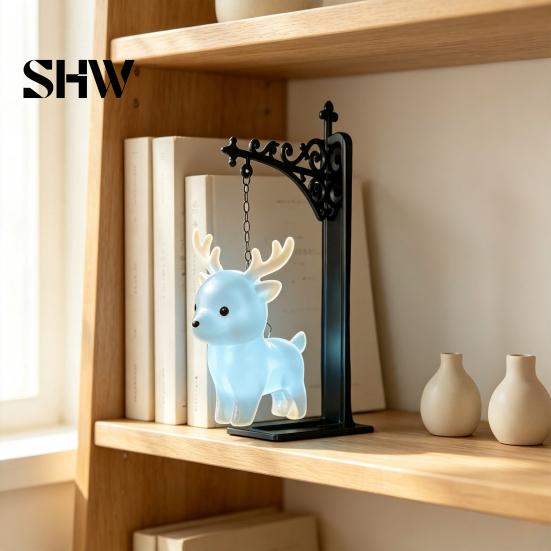 Retro Dark Fantasy Decor Hanging Magic Owl Bird Deer Bookend Lamp, Gothic Metal Bookshelf Light, Magical Lantern for Reading Nook Vintage Library