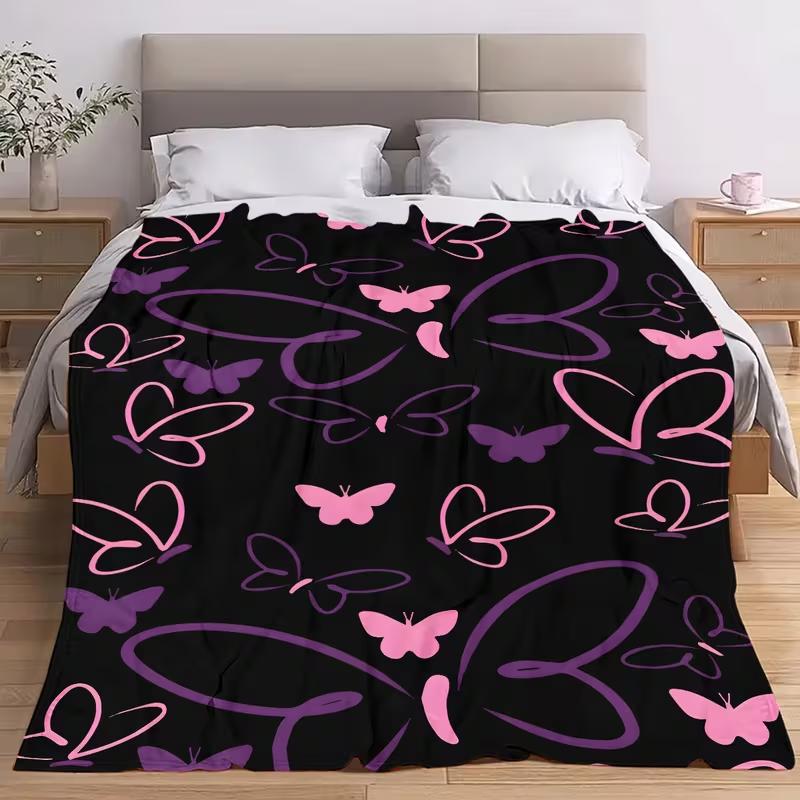 Black Background Pink Purple Line Butterfly Blanket Minimalist Abstract Insect Print Soft Cozy Warm Blanket All Season Use