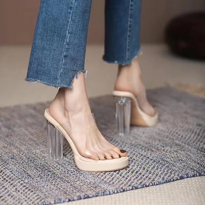 Transparent Sandals Women's High Heels Summer New Coarse Heel Waterproof Platform Simple One Line with Crystal Heel Slippers