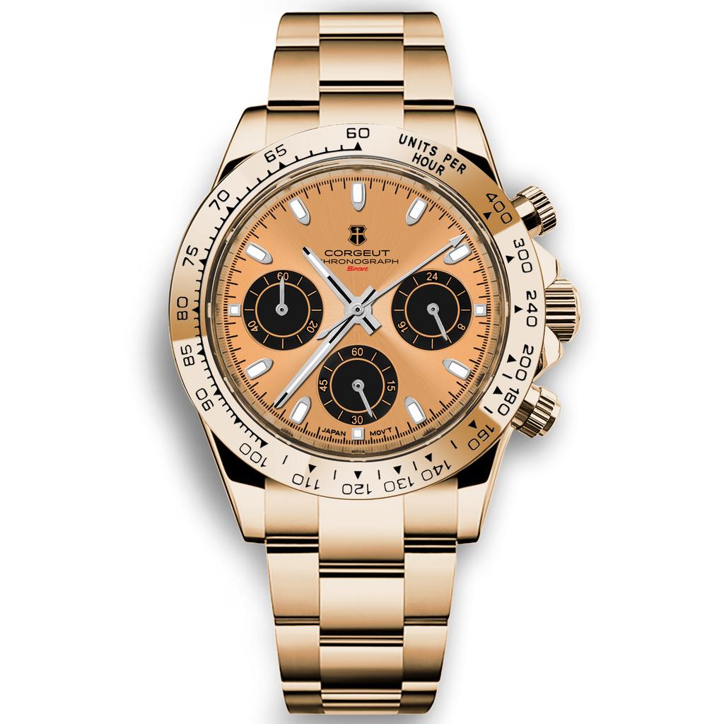 CORGEUT 39MM VK63 Watch Quartz Fashion Sapphire Trendy Stylish Sports Mens Steel Band Wrist Watches for Men Luxury Chronograph