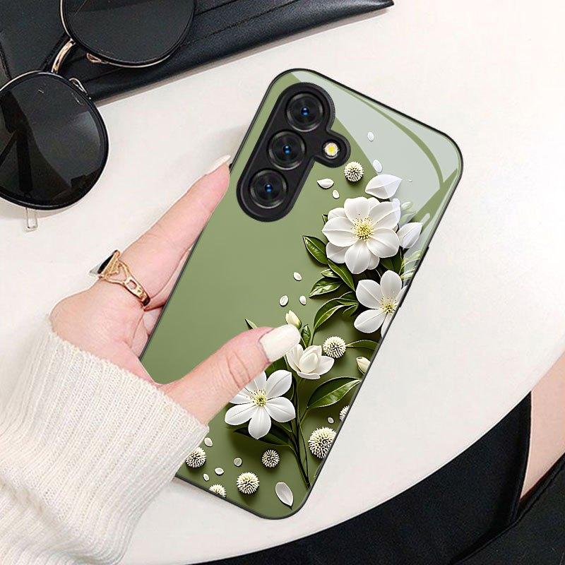 Стеклянный чехол для телефона с узором из белых цветов, подходит для Samsung Galaxy S26 S25 S24 S23 S22 S20 FE/Ultra/Plus, пылезащитный и ударопрочный