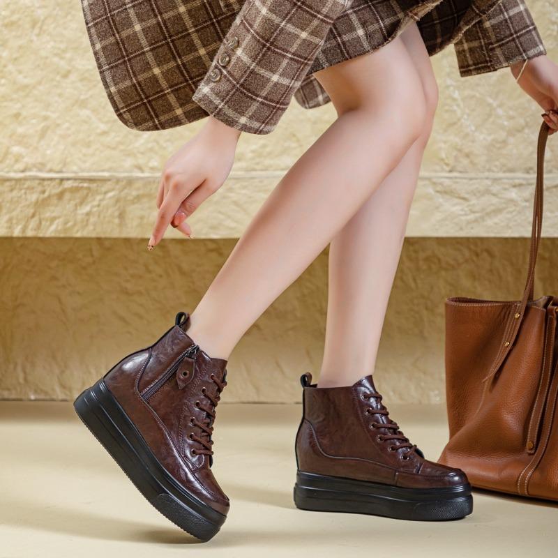 7.5cm Microfiber Ankle Booties Chimney Shoes Genuine Leather Boots Women Autumn Motorcycle Spring Ladies Fashion Moccasins