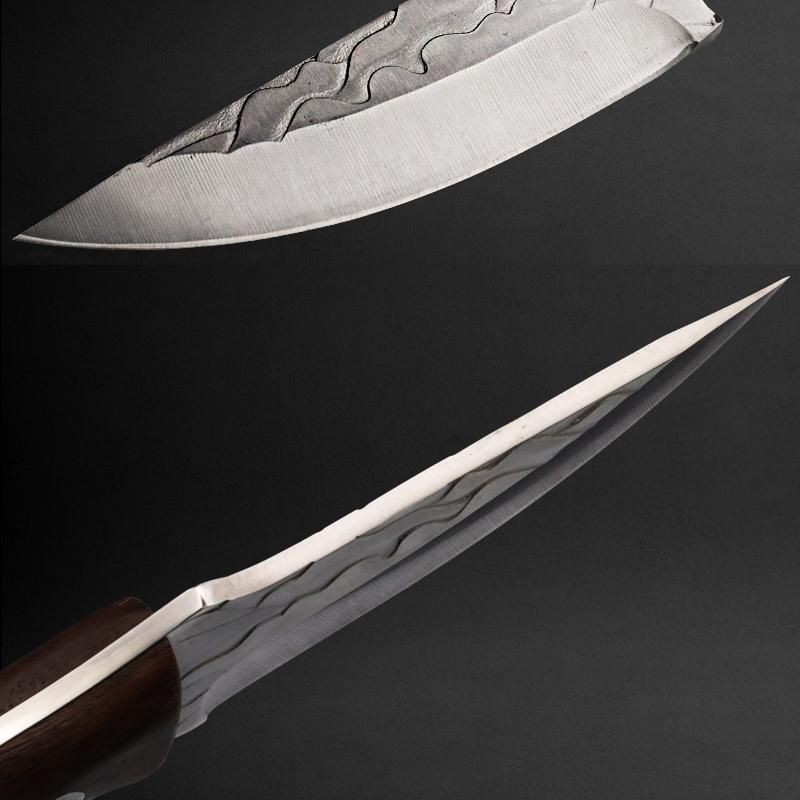 Hand Forged Kitchen Knife, Hammered Pattern Stainless Steel Blade, Ergonomic Solid Wood Handle, Sharp Utility Knife with Leather Sheath