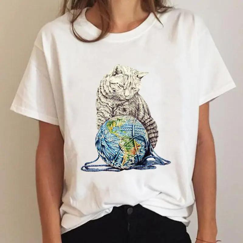 Cat Plant Lovely 90s Vintage Fashion Clothing Printed T-shirt Summer Lady Short Sleeve Harajuku Cartoon Graphic Elegant T Shirt Unisex