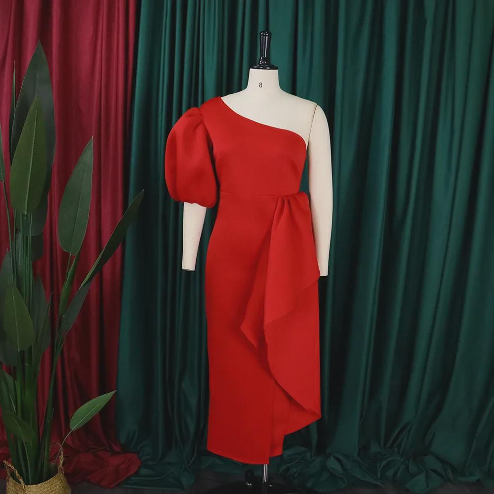 Женское платье в стиле OL, лето 2024 г.: Рукав-фонарик, асимметричное плечо, разрез, европейская и американская мода