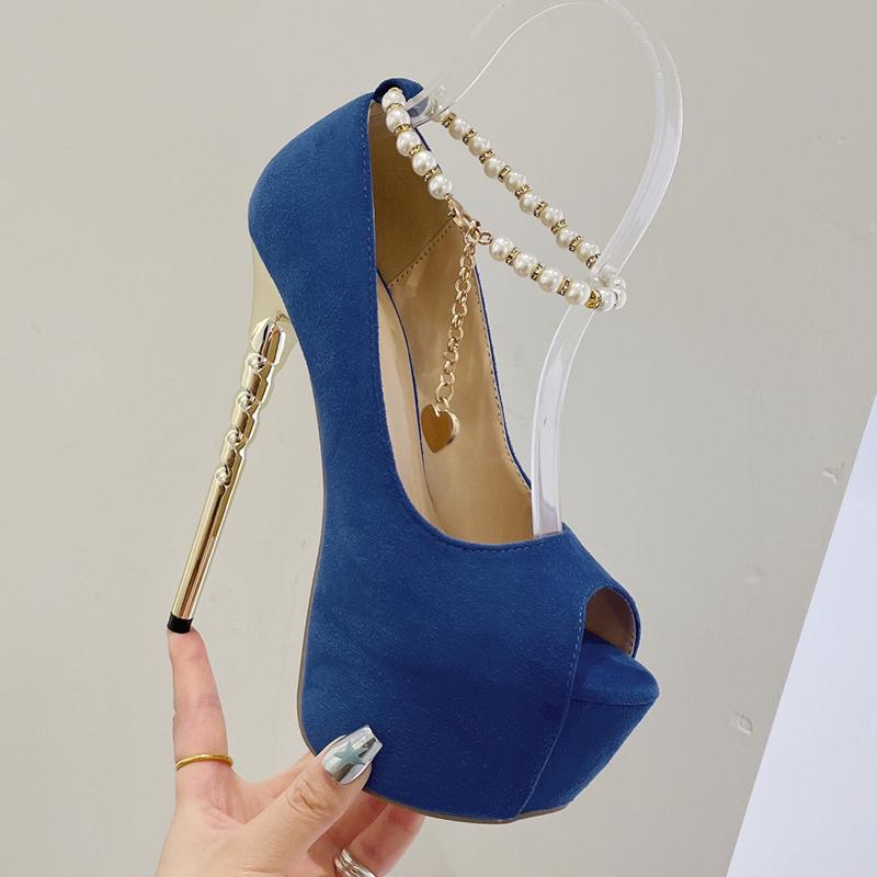 Модные туфли-лодочки женские сандалии с жемчужной цепочкой и прошитым каблуком на платформе сексуальные туфли с открытым носком на высоком каблуке для ночного клуба и вечеринки женские туфли-лодочки