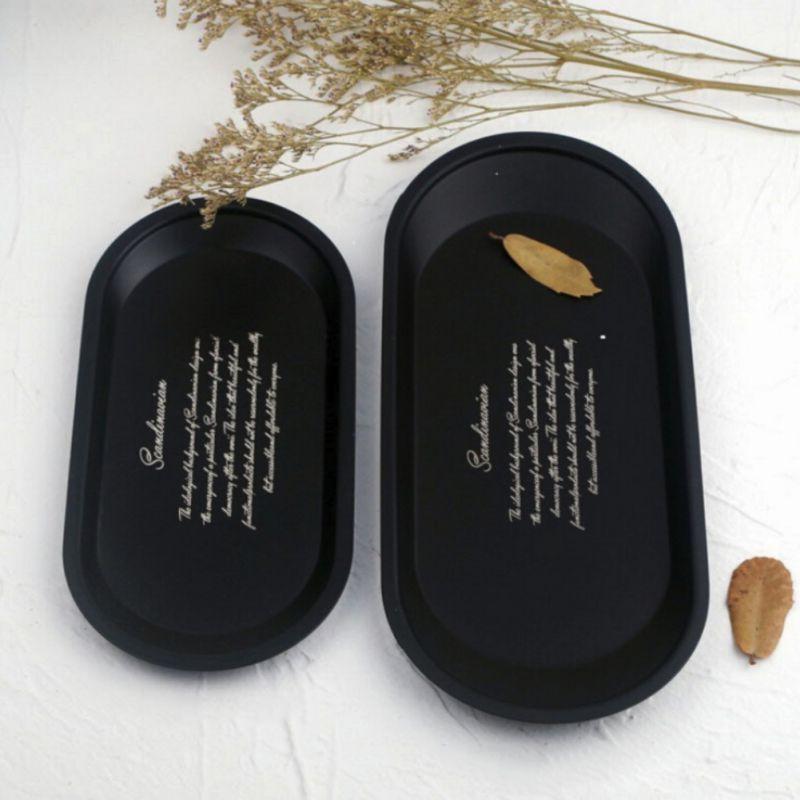 Household Black Lettering Metal Storage Tray Oval Dotted Fruit Plate Small Items Jewelry Display Tray