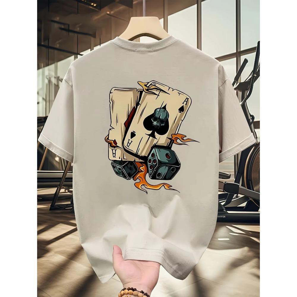 Men's Summer 100% Pure Cotton Fashionable Casual Loose Creative Poker and Dice Printed Sports Round Neck Short Sleeved T-shirt