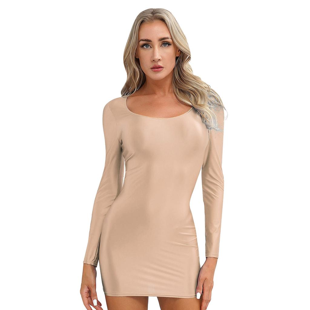 Women's Long Sleeve Bodycon Tight Pencil Dress Oil Glossy Sheer Micro Mini Dress Clubwear