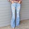 New Arrival Four Season High Stretchy Women Ripped Flared Pants Denim Jean High Waist Elegant Botton Lady Long Denim Pant