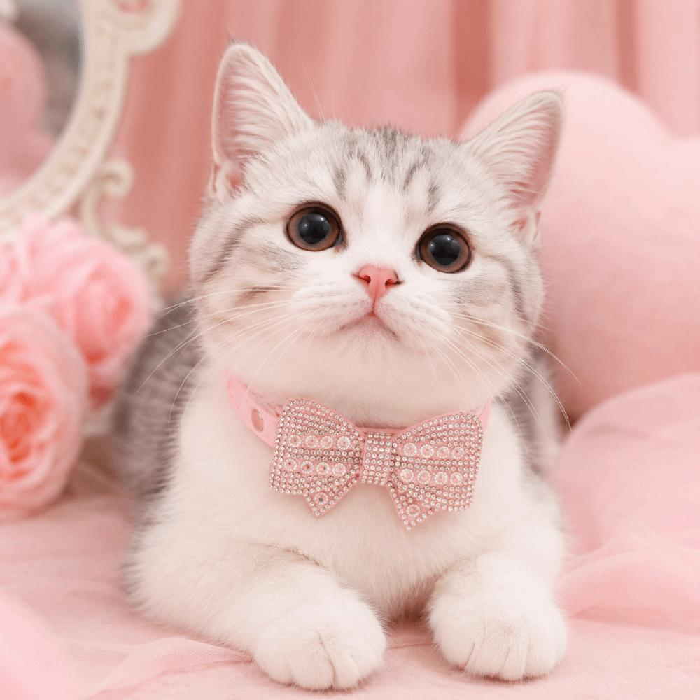 Sparkling Cat Collar Necklace Adjustable Pet Rhinestone Collar Decoration PU Leather Crystal Bow Tie Daily Outings