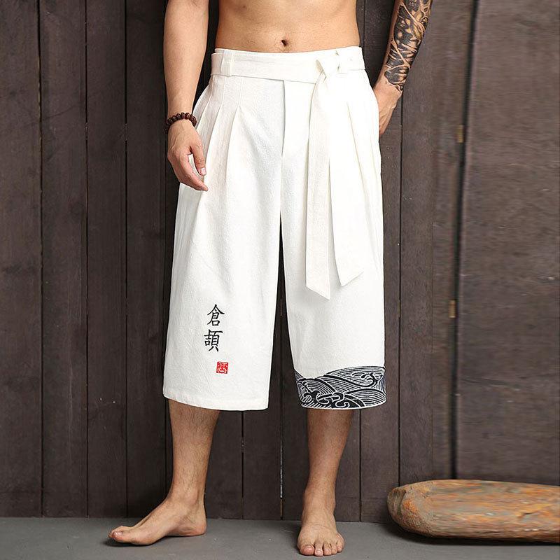 Summer Men Chinse Style Hanfu Pants Men Asian Bath Pants Male Prints Kimono Traditional Trousers Male Cotton Cropped Pants