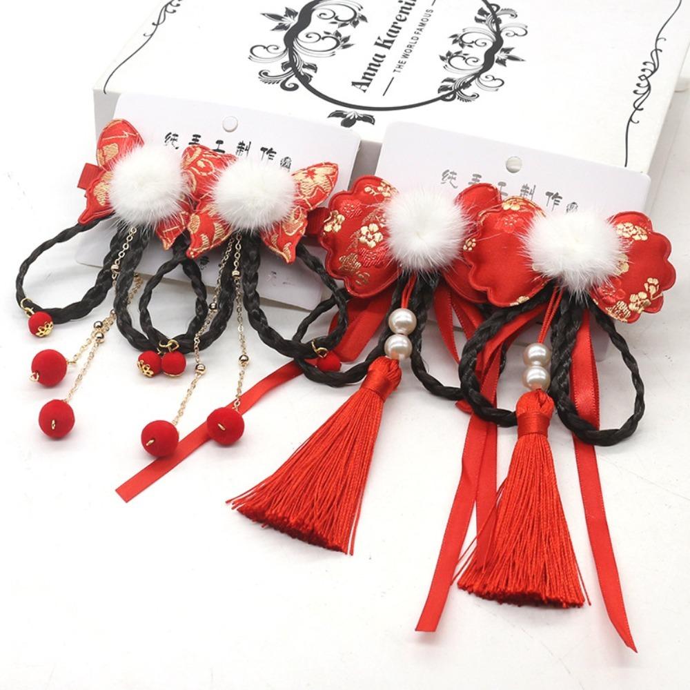 2pcs Chinese Style Red Bow Hairclip Kids Headwear Children Hanfu Headdress New Year Festive