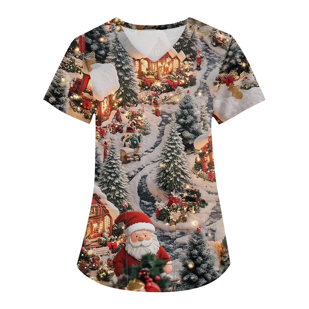 Женская мода с v-образным вырезом, короткими рукавами и карманами, топы с рождественским принтом
