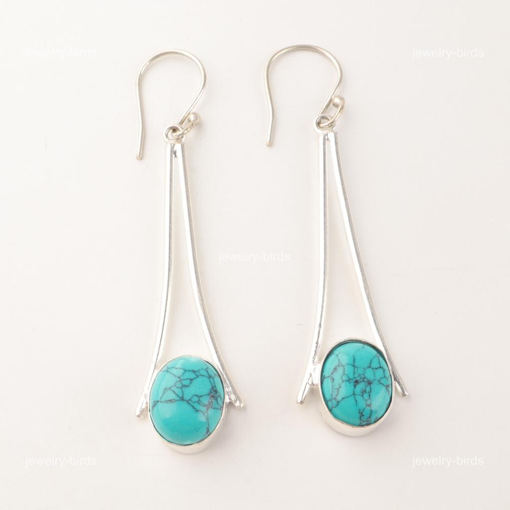 Овальные серьги-подвески с крючками из камня бирюзы, ювелирные изделия из стерлингового серебра 925 пробы EE-136-33
