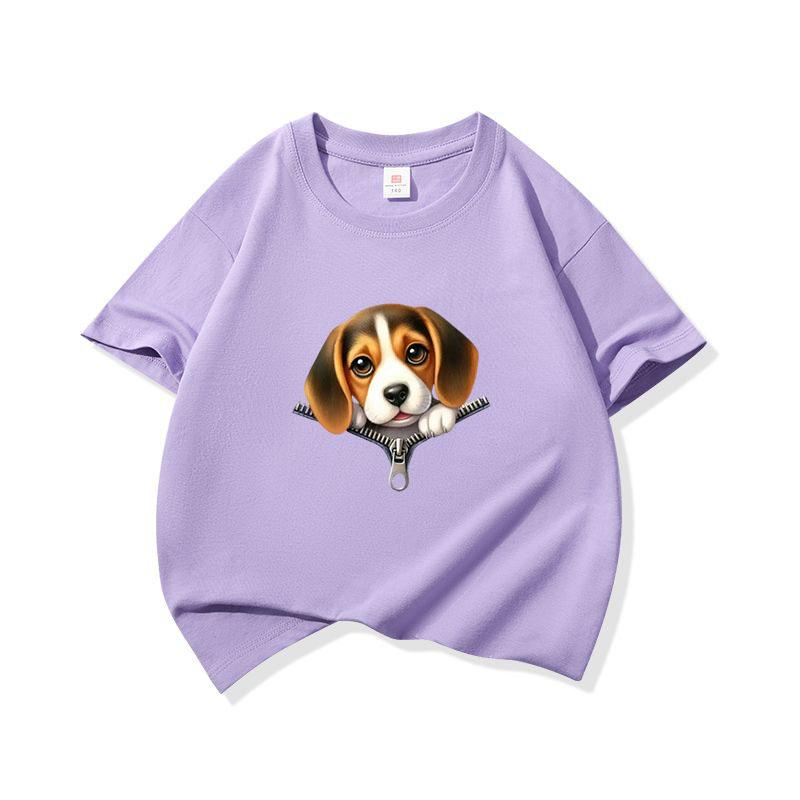 Kids Cotton T Shirt Cute Beagle Puppy Dog Zipper Print Crew Neck Short Sleeve Tee Casual Breathable Boys Girls Summer Tops