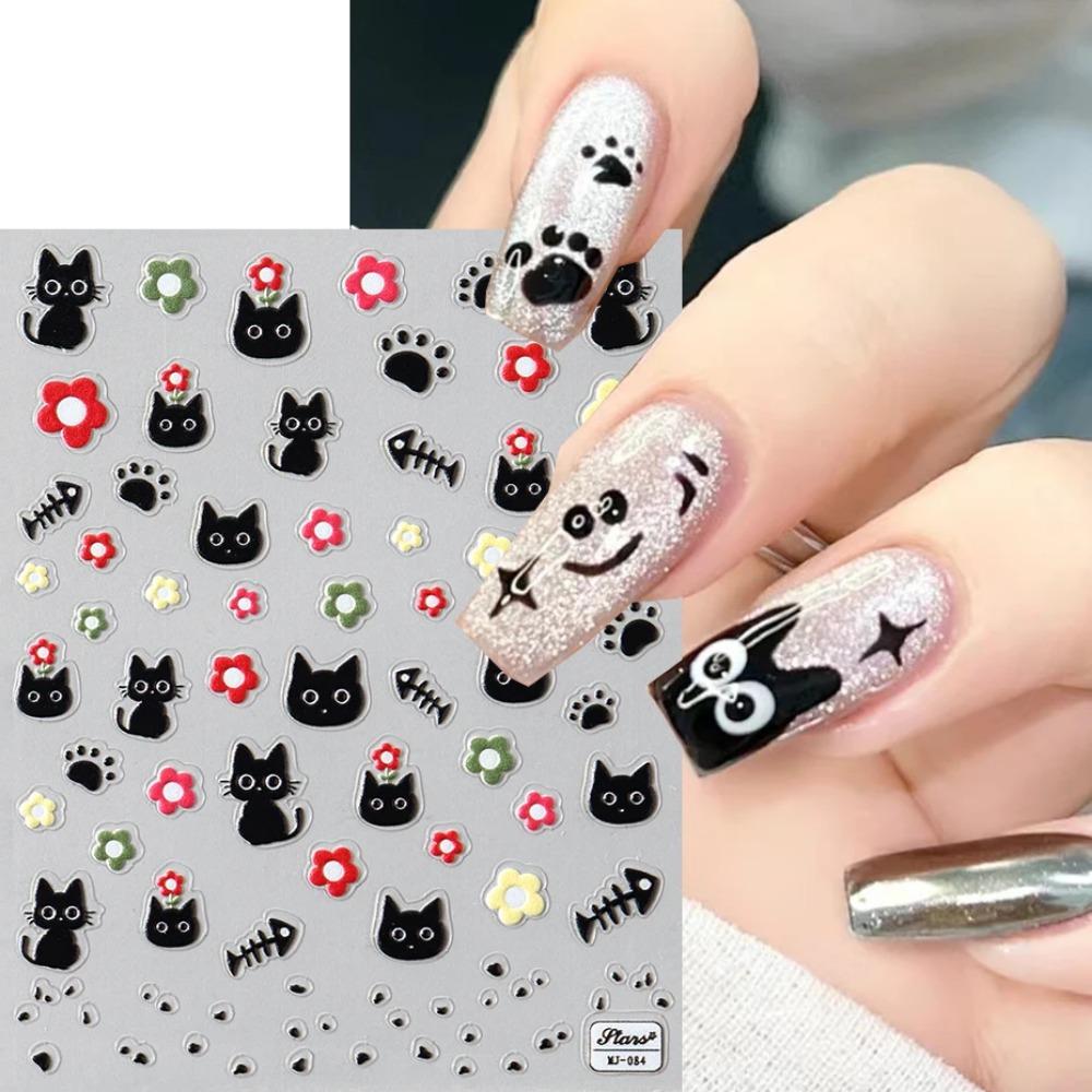 Kawaii Little Black Cat Nail Stickers Cartoon Cute Cat Stars Letters Nail Sliders Y2K Korean Japanese Nail Art Manicure Decors