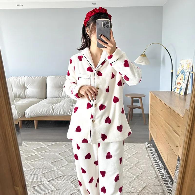 Autumn and Winter Thick Pajamas Women's 2-Piece Set Heart Shape Flannel Soft Homewear Button Long Sleeve Pajamas Pajamas Homewear