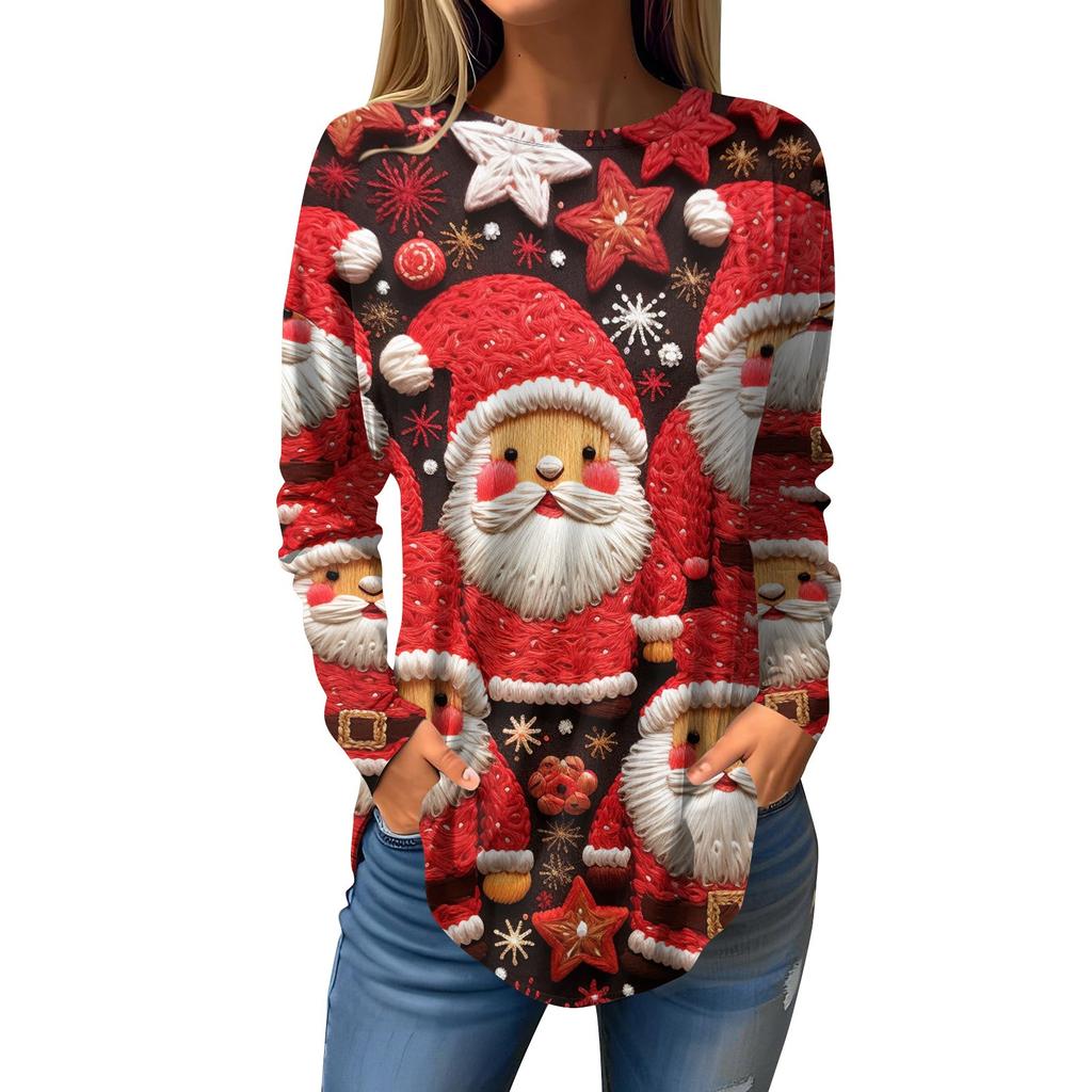 Women's Loose Round Neck Christmas Printed Long Sleeved T Shirt Top Pullover Long Sleeved Sweatshirt