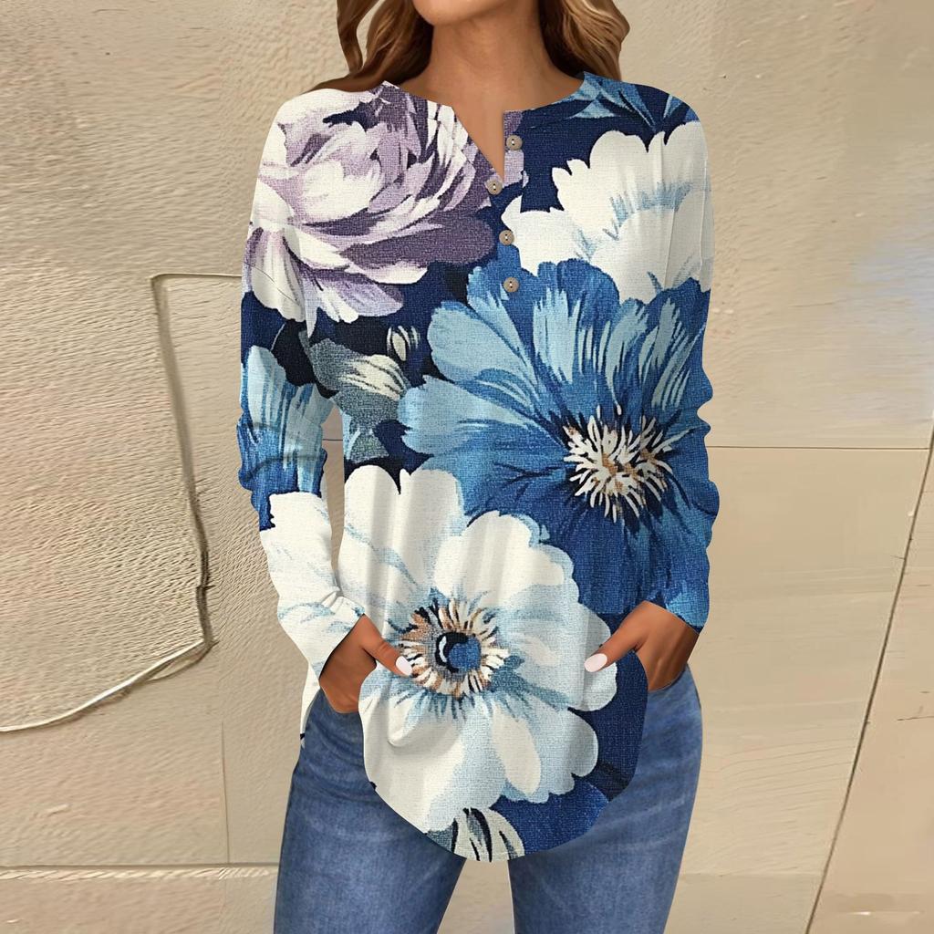 Модная свободная футболка с длинным рукавом и цветочным принтом на пуговицах, топ-пуловер