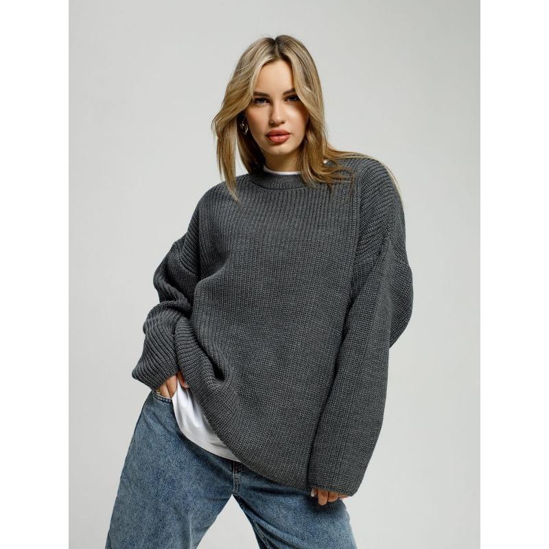 Женский осенне-зимний свитер с круглым вырезом, свободный вязаный свитер с длинными рукавами