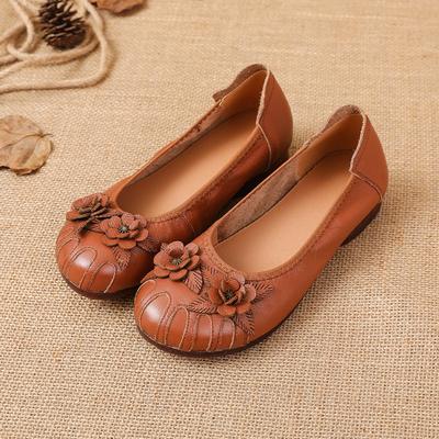 Туфли для мам в этническом стиле из натуральной кожи на каблуке с подошвой из говяжьих сухожилий, удобные, с мягким нижним слоем из коровьей кожи, с нескользящим цветочным узором, для женщин