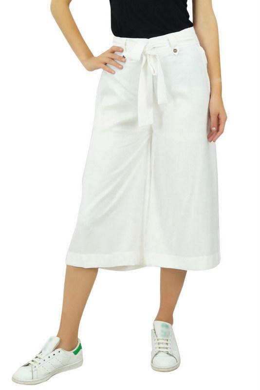 Bimba Женские брюки-капри из искусственного шелка с широкими штанинами, повседневные летние брюки с резинкой сзади и поясом, черные -