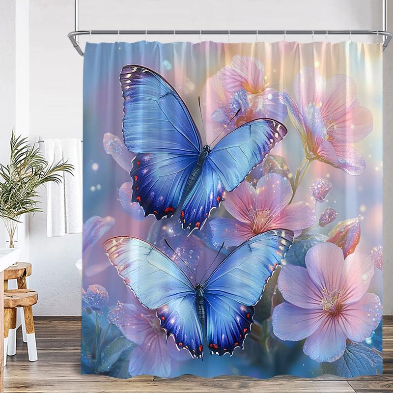 Floral Butterfly Shower Curtains Vintage Paris Tower Butterflies Watercolour Pink Purple Flowers Bath Curtain Bathroom Decor Set