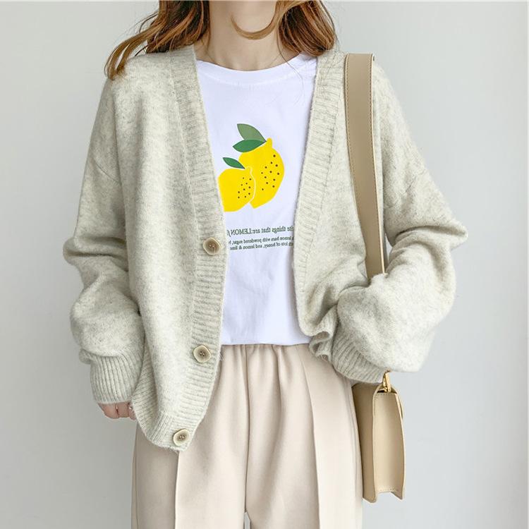 Spring and Autumn Women's Sweater Cardigan Loose Long Sleeve Sweater Tops V-Neck Knit Cardigan