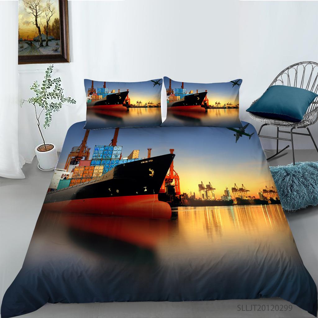 3D Ship Duvet Cover Set King Queen Size Large Freighter Container Print Bedding Set Blue Sea 2/3pcs Polyester Comforter Cover