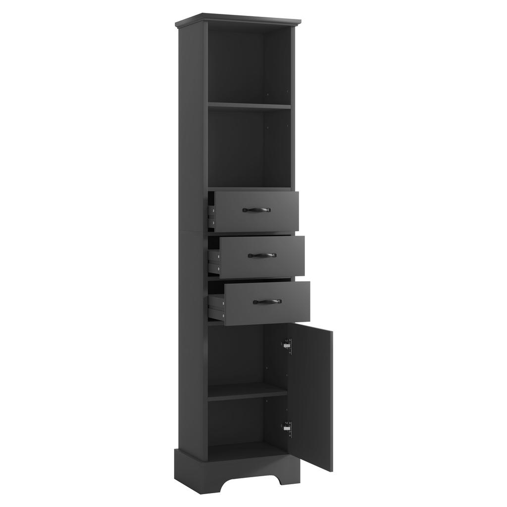 38 x 26 x 172.5 cm Tall Bathroom Cabinet, Painted for Moisture Resistance, Three Drawers + Open Shelves + Cabinet Doors, Adjustable Shelves, Black.