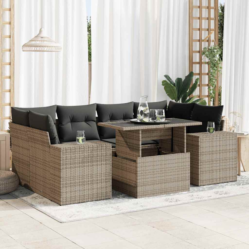 7 Piece Garden Sofa Set with Cushions Gray Poly Rattan