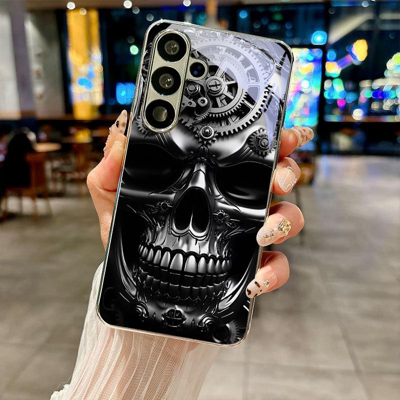 Металлическая Чехол-накладка с рисунком Черепа Metal Gear, посеребренный, для Samsung Galaxy S26 S25 S24 S23 S22 S21 S20 Ultra Plus FE S26 5G, Стеклянная крышка