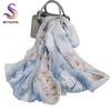 [BYSIFA] Women Chiffon Pure Silk Scarf Cherry Blossom Floral Design Long 100% Silk Shawl Scarf Purple Pink Silk Scarves Echarpes
