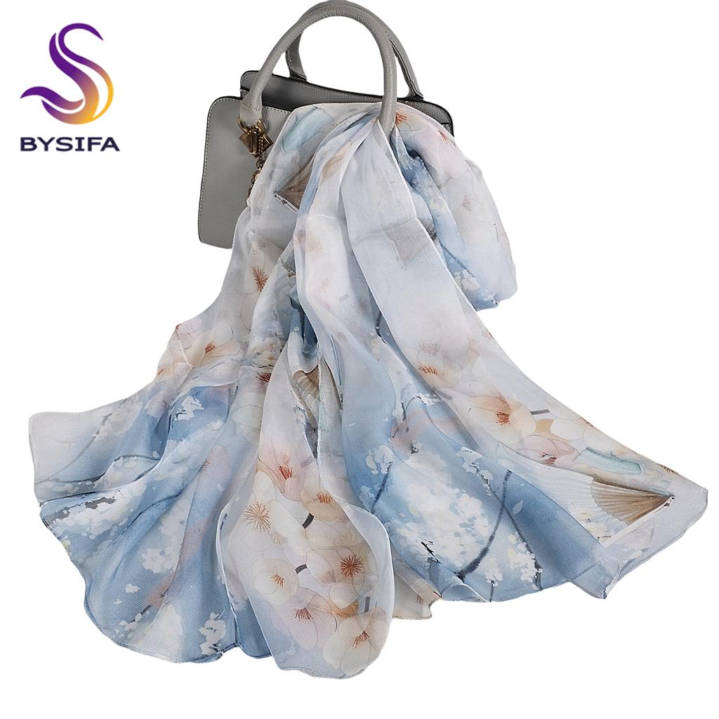 [BYSIFA] Women Chiffon Pure Silk Scarf Cherry Blossom Floral Design Long 100% Silk Shawl Scarf Purple Pink Silk Scarves Echarpes