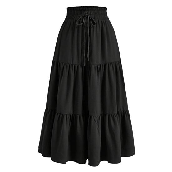 Bohemian Style Women Skirt Elastic High Waist Adjustable Drawstring Cake Skirt Solid Color A-Line Summer Skirt