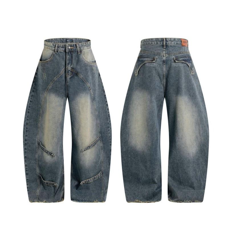 Mens High Street Distressed Jeans Gradient Wide Leg Loose Fit Denim Pants Teens