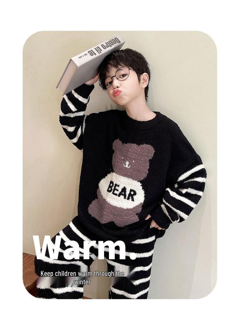 Полосатый мультяшный пижамный комплект для мальчиков на осень/зиму: Мягкий, Плотный и Пушистый Двухпредметный