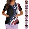 Plus Size Printed Scrub Working Uniform Tops For Women's Cross V Neck Independence Day Print Short Sleeve Fun T-Shirts Workwear Tee With Pockets