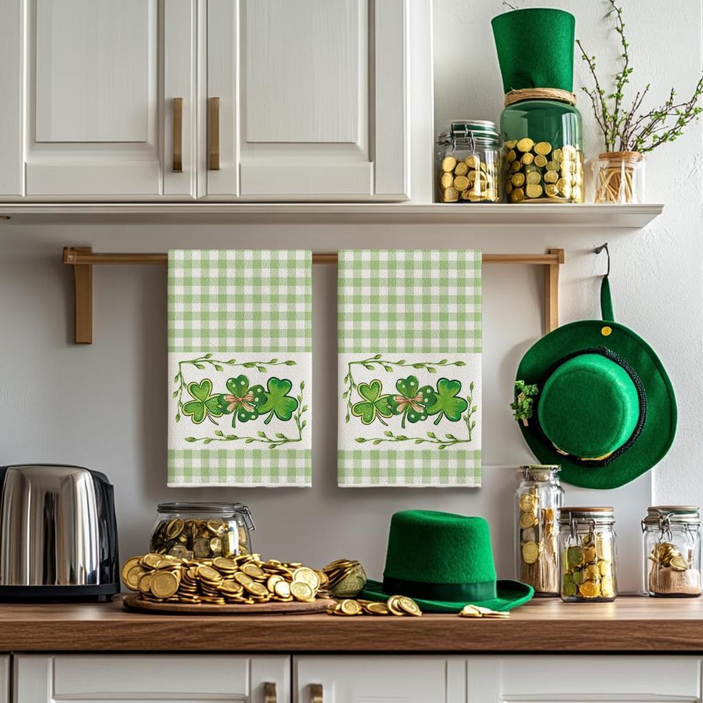 Artoid Mode Buffalo Plaid Clover Shamrock St. Patrick's Day Kitchen Towels Dish Towels, 18x26 Inch Farmhouse Holiday Decoration Hand Towels Set of 2