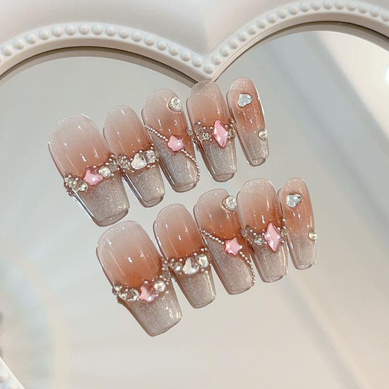 10pcs Green Cat Eye French Coffin Press On Nails Handmade 3D Butterfly Pearl Design False Nails