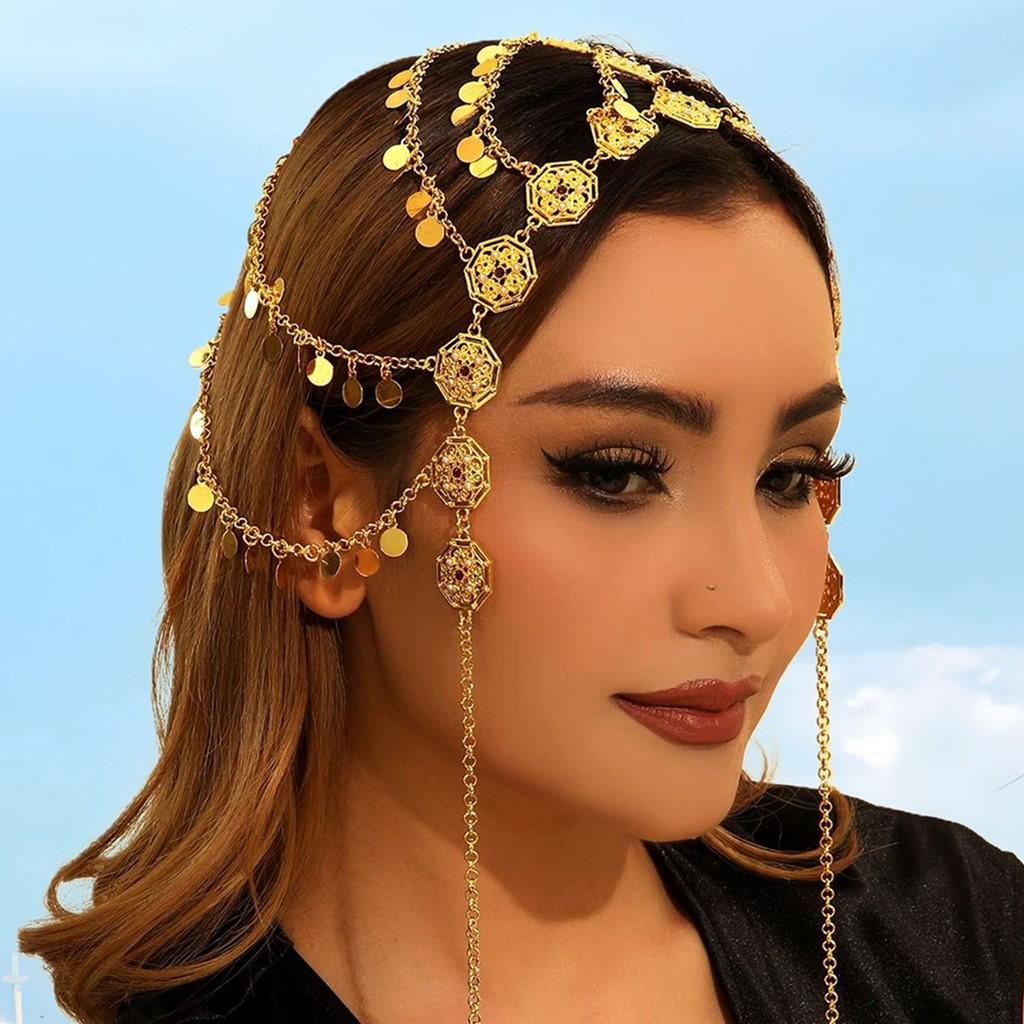 Middle Eastern Style Golden Headpiece With Tassels And Coin For Womens Winter Travel