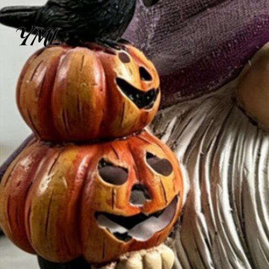 Resin Goblin Dwarf Ornaments Halloween Gnome Statue, EEK BOO Elf Figurine with Pumpkin Cute Desk Accessories Crow Skull, Spooky Tabletop Ornament for
