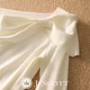 Boat Neck Knit Top with Ribbon Slim J-Scott Motif, Lightweight, Soft, Fit, 1/4 Sleeves, White, JS112-WH-L