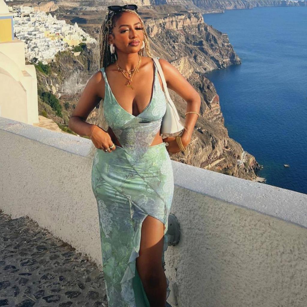 Европейский и американский стиль модный женский принтованный асимметричный топ сексуальный с открытой спиной шнуровка разрез на талии юбка комплект