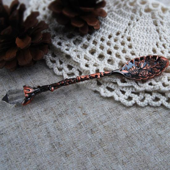 Vintage Flower Carving Tea Coffee Dessert Spoon Long Crystal Handle Dinnerware