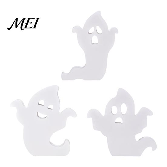 White Ghost Figurine for Home Cute Halloween Wooden Table Sign, Spooky Standing Decorative Entryway Block Sign Holiday Tiered Tray Centerpiece, Indoor
