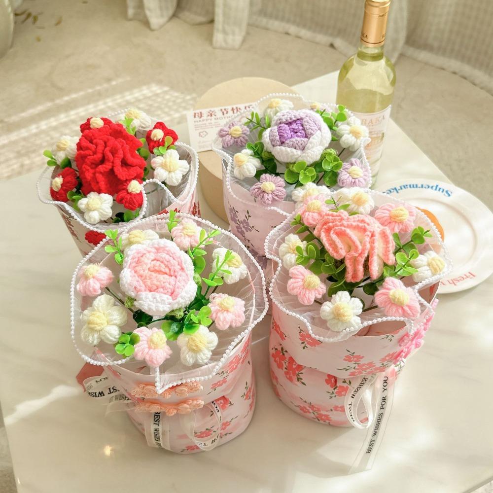 Romantic Carnation Bouquet Gift Finished Fake Flower Knitted Rose Bouquet Valentine's Day Gift